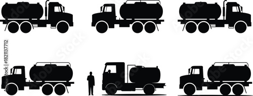 Fuel Tanker Truck Silhouette Vector Set: Liquid Transport Vehicles, Oil and Gas Delivery Machinery, Industrial Haulage, Driver and Truck Graphic, Black Transportation Icons Collection, Logistics.