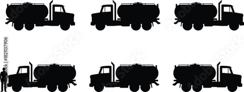 Fuel Tanker Truck Silhouette Vector Collection: Liquid Transport Vehicles, Oil and Gas Delivery Machinery, Industrial Haulage Graphic Set, Driver Figure, Black Transportation Icons.