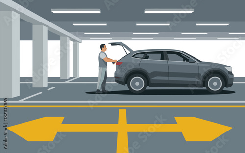 Man loading car trunk in parking garage with directional arrows