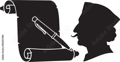 Silhouette of a man writing on a scroll with a quill pen