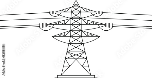 High Voltage Electric Power Transmission Tower Illustration: Electricity Pylon Line Icon, Energy Supply Structure, Industrial Infrastructure, Vector Graphic Outline, Black and White Engineering.