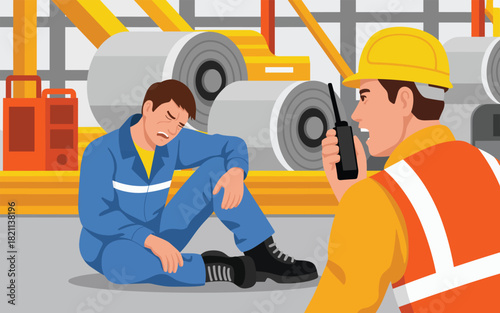 Workplace safety concept injured worker receives assistance from colleague with walkie-talkie