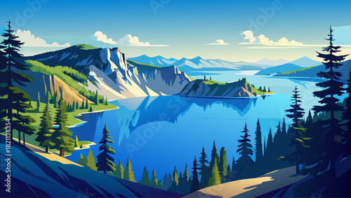 Very beautiful view of Crater Lake National Park in Oregon, USA, featuring the deep blue volcanic lake, steep caldera cliffs, and surrounding evergreen forests under clear daylight.