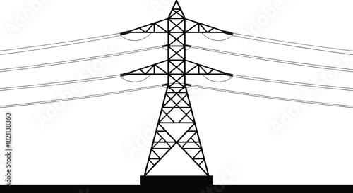 High Voltage Power Transmission Tower Vector Graphic: Electric Pylon Icon, Energy Supply Structure, Industrial Infrastructure, Electricity Grid, Engineering and Utility Black Outline Illustration.