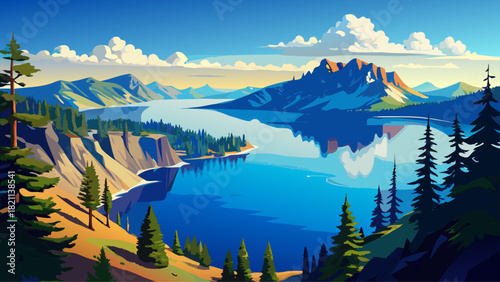 Very beautiful view of Crater Lake National Park in Oregon, USA, featuring the deep blue volcanic lake, steep caldera cliffs, and surrounding evergreen forests under clear daylight.
