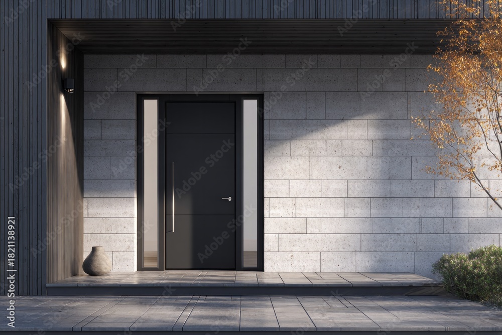 Fototapeta premium Contemporary residence entrance featuring a dark entryway set against textured stone blocks illuminated by soft exterior light