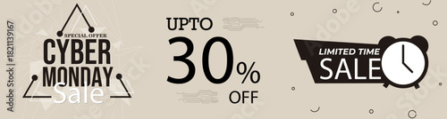 Cyber Monday Sale Banner with Discount and Limited Time Offer Clock Design