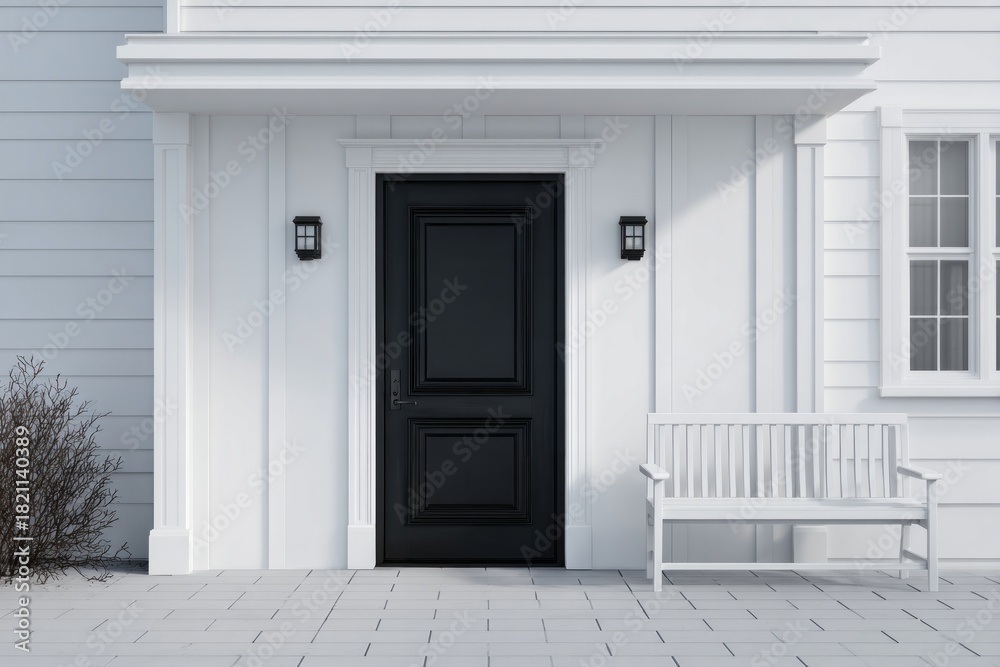 Fototapeta premium Modern farmhouse entryway features a stark black door set against bright white siding and exterior details