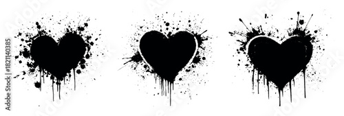 Collection of three black grunge-style heart shapes with paint splatters and drips, perfect for edgy, artistic, or romantic themes.