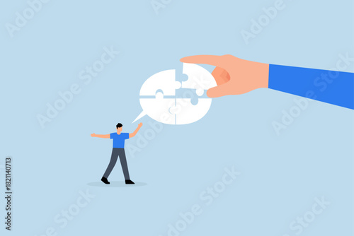 Complete communication speech bubble,  businessman hand help connect jigsaw on speech bubble.