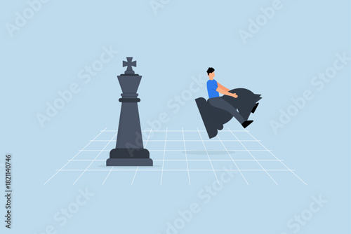 Strategic move, businessman riding chess knight lead team to win chess victory.