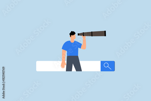 Search and discovery career, businessman gazes with spyglass on search bar.