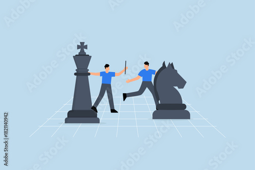 Succession planning, businessman boss on king chess baton pass to his successor.