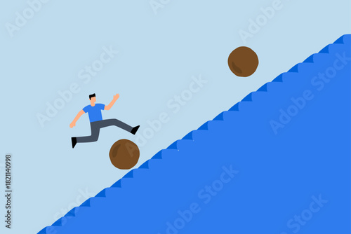 Overcome obstacle, entrepreneur leaps over tumbling rock to ascend staircase of achievement.