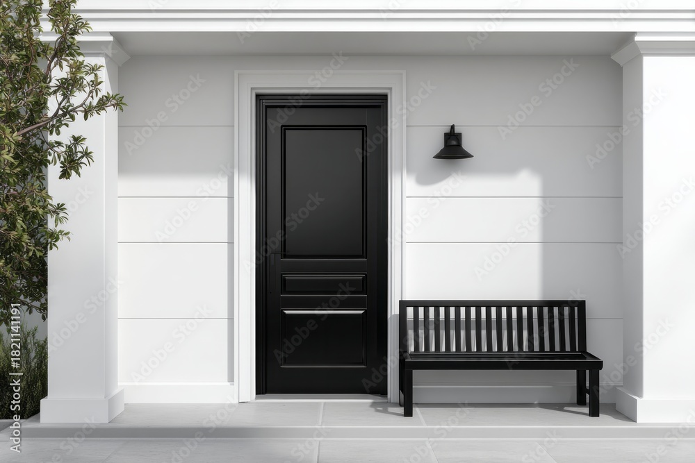 Naklejka premium Contemporary home entryway features a stark black door contrasted against clean white siding and architectural details