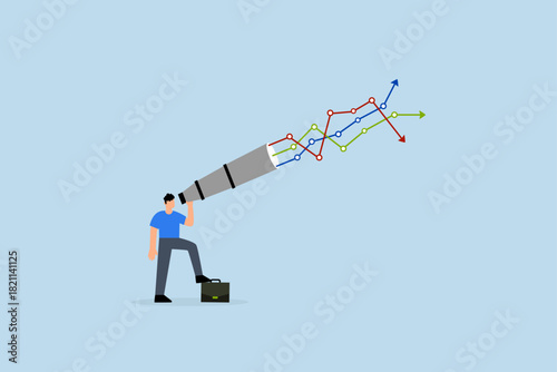 Forecast to analyze future opportunity, businessman look through telescope to see forecast chart.
