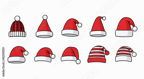 Ten different cartoon Santa hats and winter hats with pom-poms and stripes, arranged in two rows on a white background.