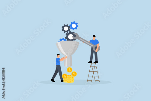 Optimization to improve result, businessman using wrench to optimize process better performance.