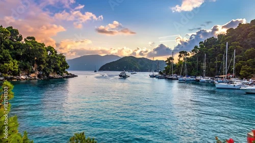 Scenic bay with boats with sunset, and and water.