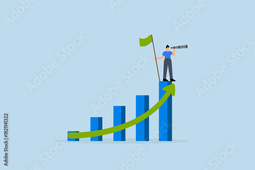 Business growth, success businesswoman on growth chart looking through telescope.