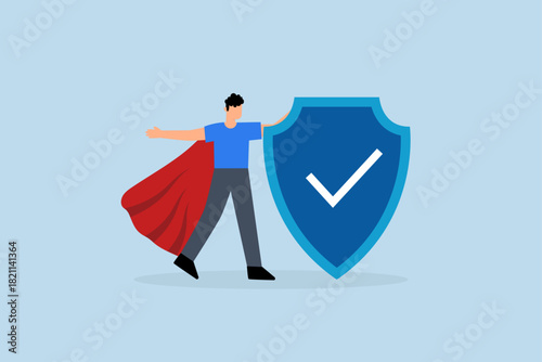 Security safety, businessman superhero holding strong protection shield.