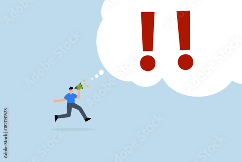 Warning message, entrepreneur yelling through megaphone with exclamation mark.
