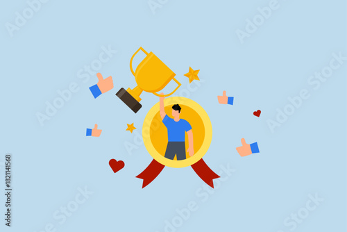 Employee of the month award winner, success businessman holding trophy badge.