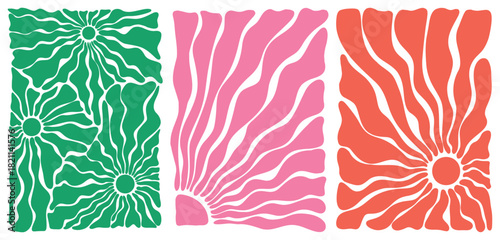 Abstract Groovy Flowers. Green, pink and red groovy retro design for social media backgrounds. Decorative stories templates with copy space for text for social media in y2k groovy minimal style