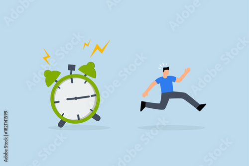 Late, frustrated businessman hurry running to work late.