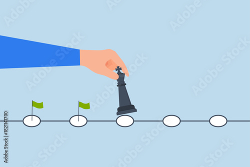 Strategic planning process, businessman move chess king step to achievement.