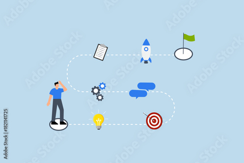 Winning plan to success, businessman walk on winning plan journey.