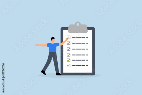 Complete checklist, businessman marks check on  finished checklist on paper clipboard.