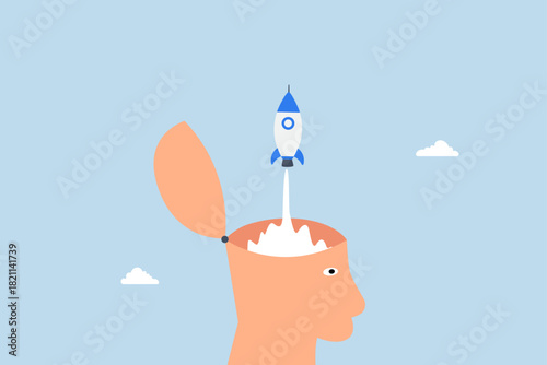 Open minded, human head open mind and launch rocket.