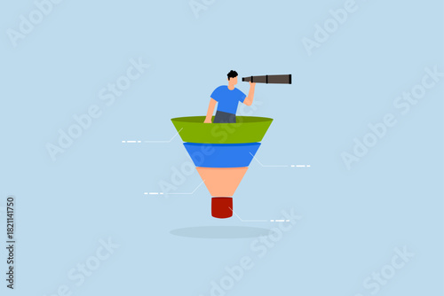 Marketing funnel sales prospect discovery, businessman look binoculars in marketing funnel.