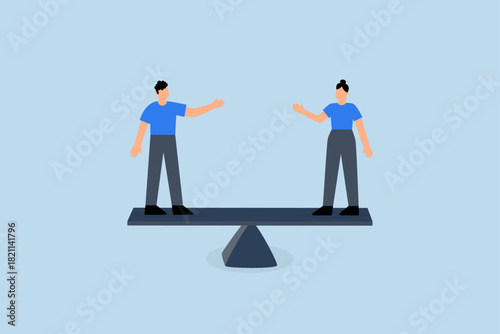 Gender equality, businessman and businesswoman colleagues on balance equal scales.