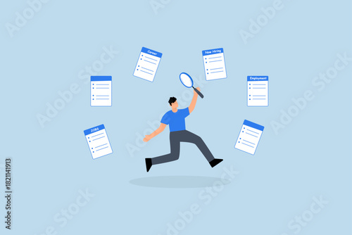 Job seeker, businessman with magnifying glass finding job.