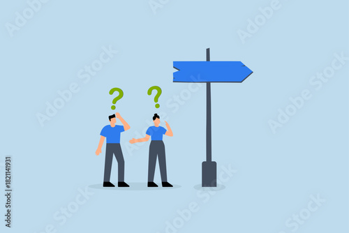 Doubt, business people think with question mark to go right way.