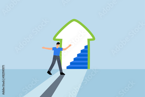Stairway to new opportunity, businessman open arrow up door to walk up stair to success.