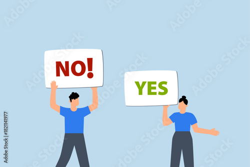 Yes, No argument or disagreement, businessman and woman arguing or fight with yes and no sign.