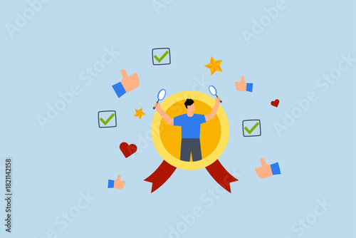 QA quality assurance, businessman with magnifier to assure product quality.