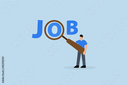 Job search, businessman magnifying glass searching for new job.