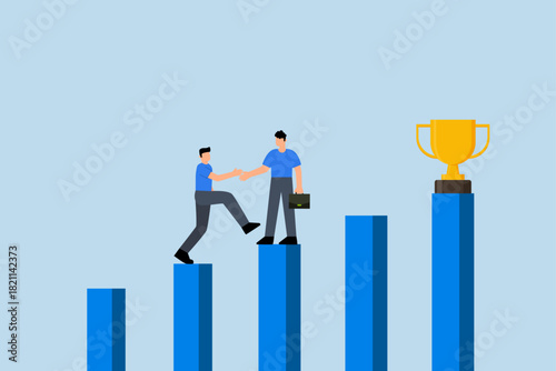 guidance help to reach success, businessman manager help employee to climb up to reach success trophy.