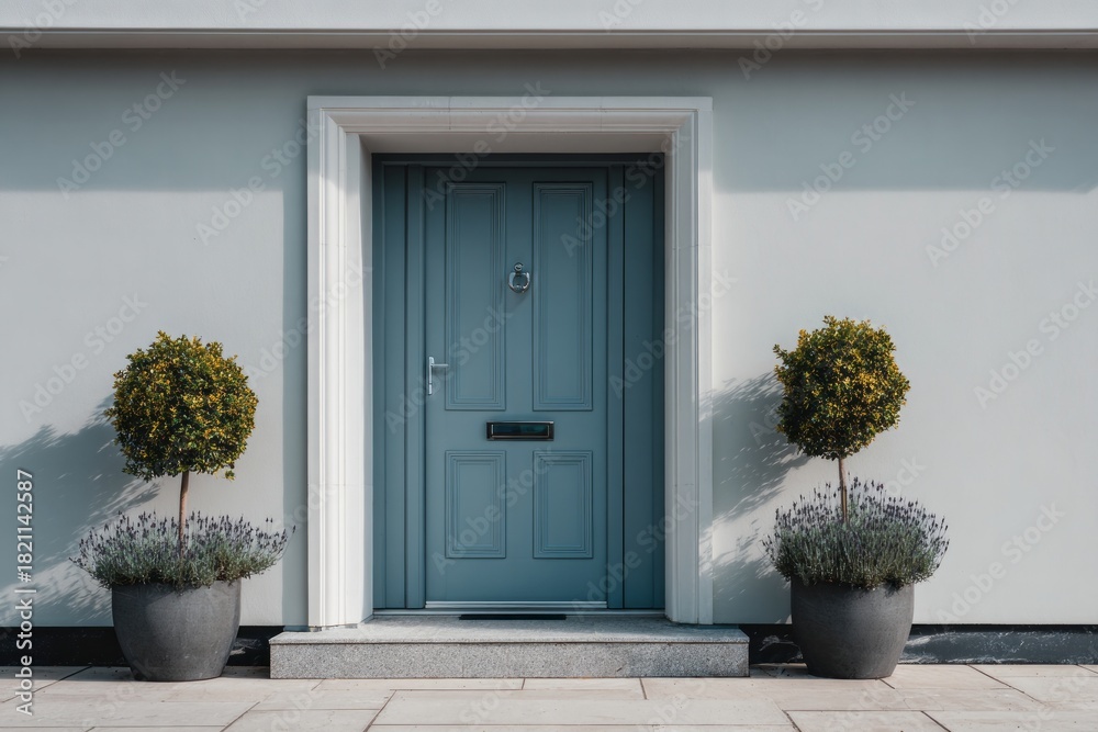 Fototapeta premium Symmetrical potted greenery frames a handsome entrance door set against a pale facade