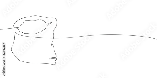 Simple one line vector drawing of an open sack on a white background with a long curved line, suitable for minimalist design or packaging themes