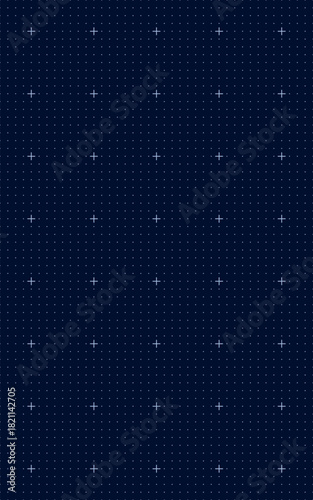 Abstract dark blue dotted grid pattern with white crosshairs, modern futuristic background for data science, mapping, interface design, engineering, and digital measurement visualization