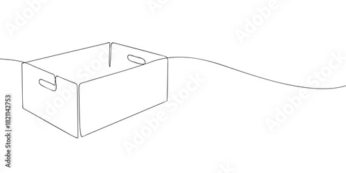 Simple line art of an open rectangular storage box with cutout handles on the sides, drawn in a clean continuous style