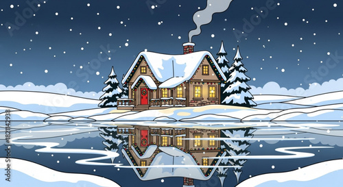Charming winter cabin scene reflecting on a serene frozen lake, perfect for holiday greetings and seasonal cheer, originally created as vector art