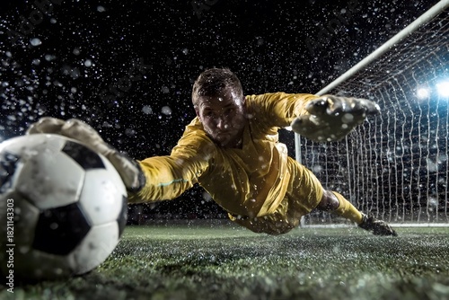 A goalkeeper dives to save a soccer ball in the rain near the goal.
