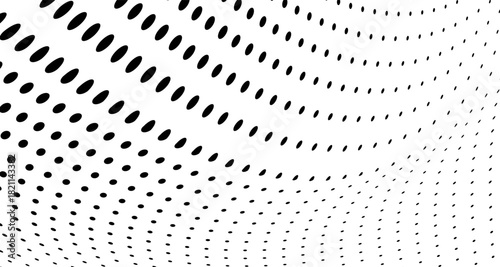 Abstract halftone wave dotted background. Futuristic twisted grunge pattern, dot, circles. Vector modern optical pop art texture for posters, business cards, cover, labels mock-up, stickers layout