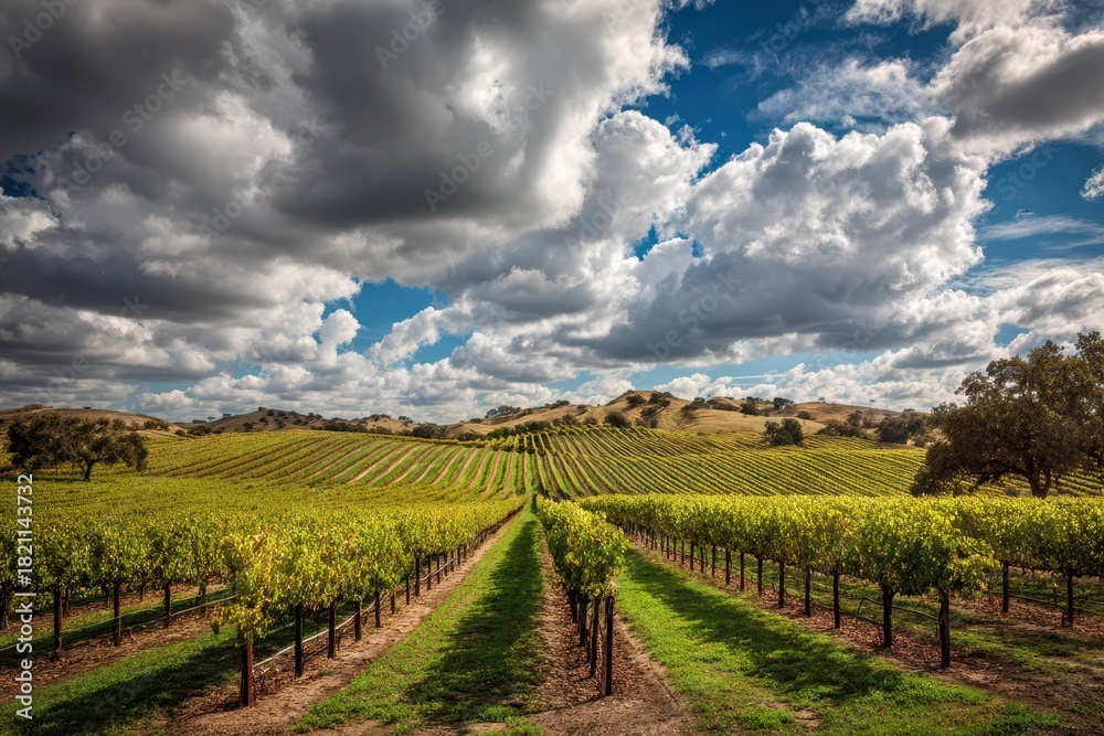 Fototapeta premium Idyllic Paso Robles Winery: Scenic Rural Vineyard with Grapevines Under California Clouds